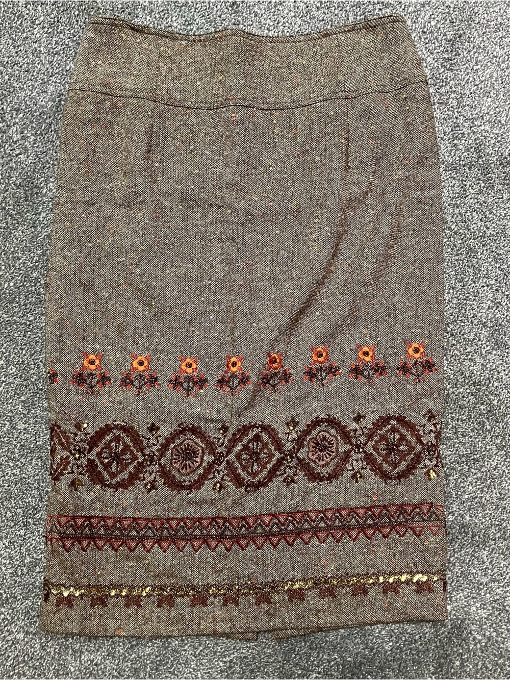 Vtg Kay Unger Sz 6/8 Embroidered Beaded Brown Tweed Pencil Skirt Women's